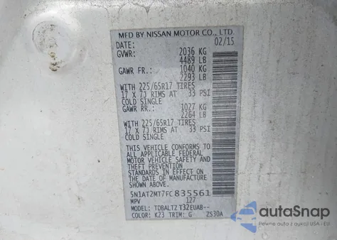 2015 Nissan Rogue Sv z USA, uszkodzony, nr VIN 5N1AT2MT7FC835561